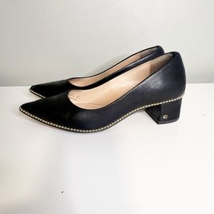 Coach Willa Black Leather Gold Studded Block Heel